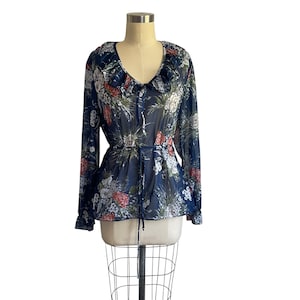 Vintage Hippie Boho Floral Sheer Tie Blouse. Colorful Long-Sleeved Flower Top. Fairycore Bohemian Pullover Blouse Shirt Top. 70s 80s Top.
