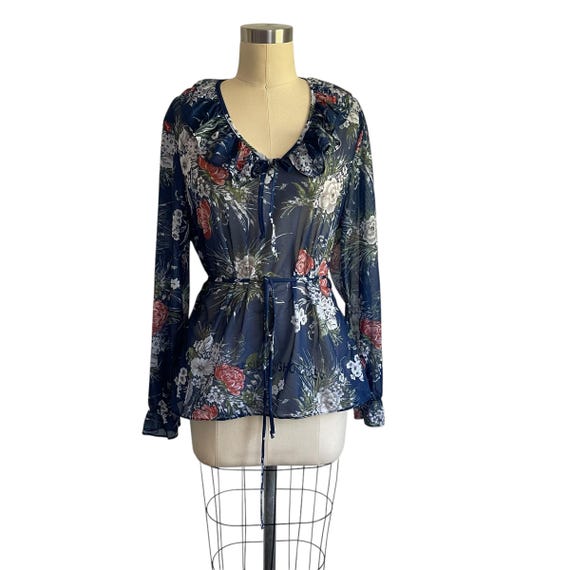 Vintage Hippie Boho Floral Sheer Tie Blouse. Colorful Long-Sleeved Flower Top. Fairycore Bohemian Pullover Blouse Shirt Top. 70s 80s Top.