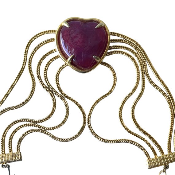 Vintage KJL Heart Choker Necklace. Red and Gold Heart Choker. Mesh Chain. Red Stone Heart. Signed KJL. Kenneth Jay Lane. Goldtone.