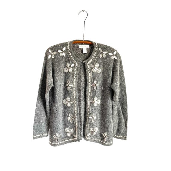 Vintage Claudia D. Gray Beaded Sequin Mohair Cardigan. 90s Y2K Wool Embroidered Beaded Pearl Diamond Floral Sweater. 90s Preppy Glam Cardi.