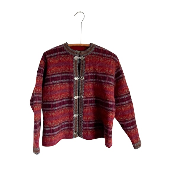 Vintage Squaw Valley Red Purple Wool Nordic Sweater Cardigan. Cottagecore Striped Clasp Cardigan Sweater. Whimsigoth Jacket. 80s. 90s. Y2K.