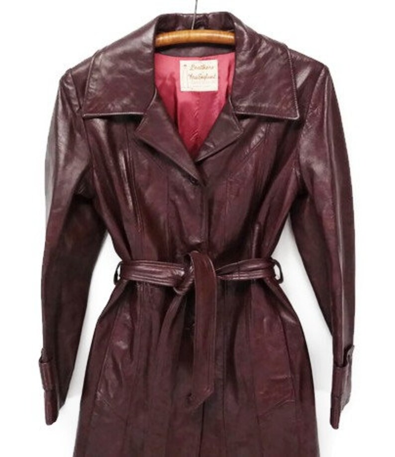70s merlot red belted leather dress vintage trench coat jacket