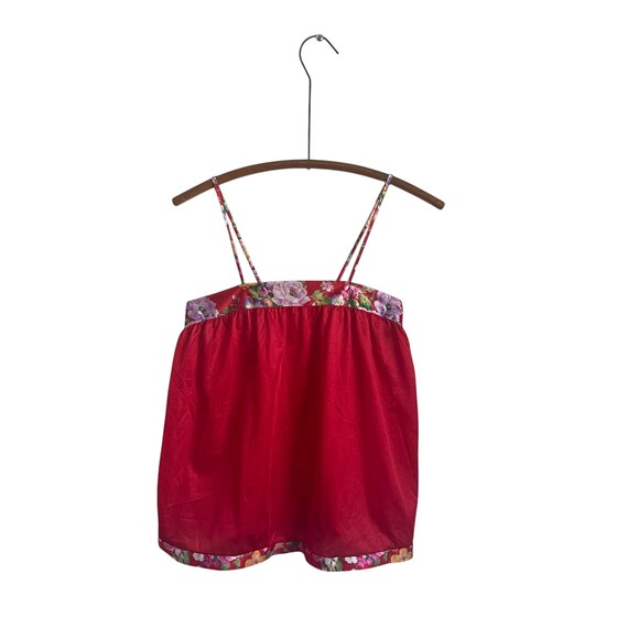 Vintage Floral Red Camisole Slip Top. Nylon Cami w/Floral Hems. Multicolor Flowers. Whimsigoth. 90s. 1990s. Cami Tent Top. Red Camisole Top.