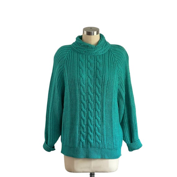 Vintage Teal Cable Knit Sweater, Mock Neck Pullover