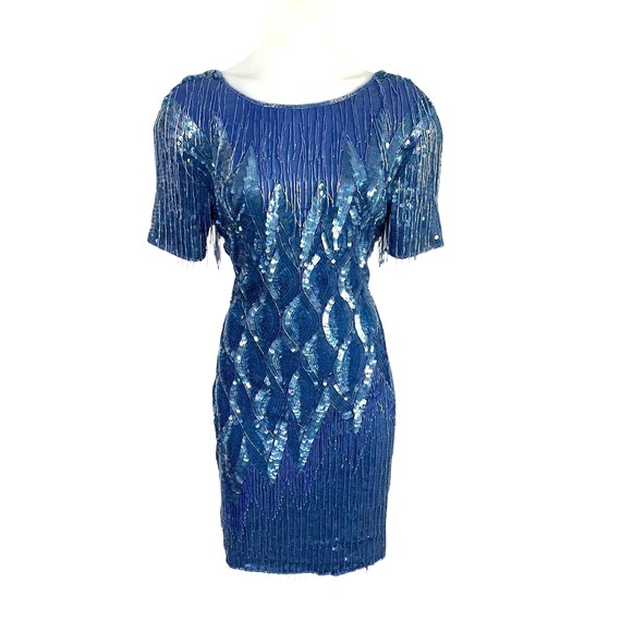 Vintage Beaded Sequin Silk Dress. Iced Sea Blue Beaded Sequin Dress. Blue Bead Sequin Dress. Beaded Tassel Dress. 70s 80s Silk Beaded Dress.