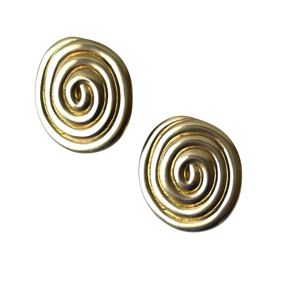 Vintage Spiral Goldtone Clip-On Earrings. Swirled Golden Round Costume Earrings. Mod 90s Glam. Unsigned. Gold Spiral Swirls. 80s. 1980s.