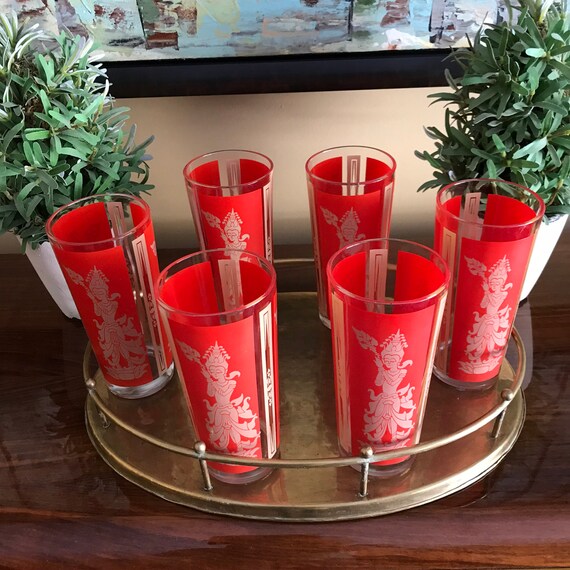 Vintage Red and Gold Highball Cocktail Glasses. Set of 6. Cup Barware. Thai Princess Design. Thailand. Mid Century. MCM Style. 50s. 60s.
