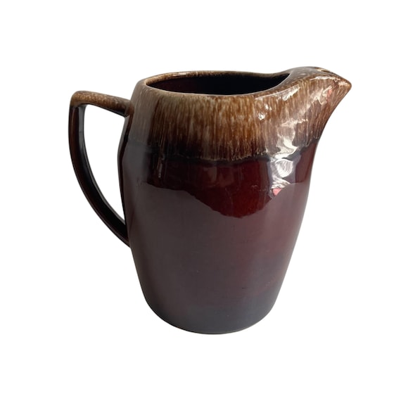 Vintage Drip Glazed Brown Beige Drip Glaze Pitcher. Glossy Stoneware Ceramic Pottery Pitcher. Signed. Cottagecore Vintage Kitchen Pitcher.