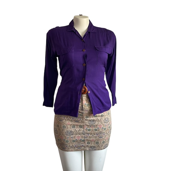 Vintage Purple Button Down Blouse. 80s 90s MJ Carroll Blouse Shirt. Womens Casual Rayon Blouse. Pockets. Cottagecore Purple Blouse Shirt.