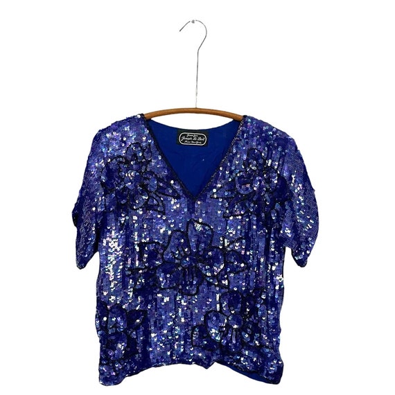 Vintage Joseph Le Bori Royal Blue V-Neck Beaded Sequin Top. Sparkly Floral Party Blouse. Black Beaded Flowers. Short Sleeves. 80s. 90s.