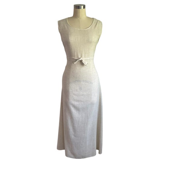 Vintage Plain Beige Semi-Transparent Maxi Dress w/Waist Tie Belt. Long Sleeveless Linen Dress. Unbranded. Summer. Beach. 60s. 70s. 80s. 90s.