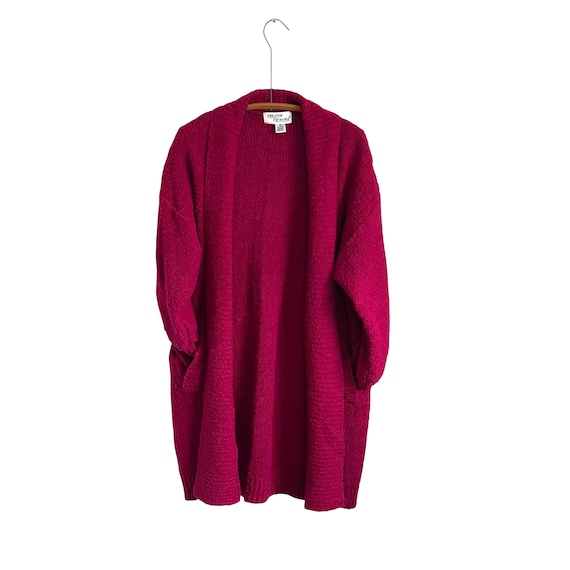 Vintage Sweater Exchange Magenta Pink Maxi Sweater Coat. 3/4 Loop Knit Buttonless Cardigan Coat. Pockets. 80s. 90s. Oversized Dress Sweater.