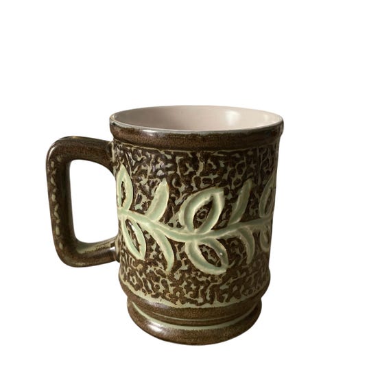 Vintage Green Ceramic Coffee Mug. Hand Made Mug. Rustic Pottery Coffee Mug. Coffee Tea Mug. Autumn Fall Mug. Cottage Mug Cup.
