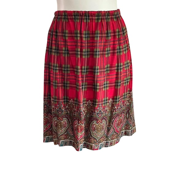 Vintage Paisley Plaid Baroque Skirt: 80s 90s, Womens Casual, Lightweight, Elastic Waist, Mid Knee Skirt, Red, Gold, Whimsigoth, L, XL, XXL.