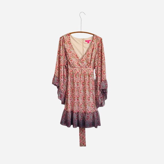 Vintage Betsey Johnson Boho Print Flare Dress. Modern Hippie Dress. V-Neck. Flare Sleeves and Hem. Multicolor. Zipper Back. Y2K. 2000s.