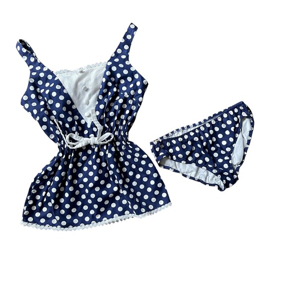 Vintage 50s 60s Cole Jr. of California Navy Blue White Polka Dots Two-Piece Swimsuit. Mod Blue White Cotton Swimsuit. Boho Summer. 60s. 70s.