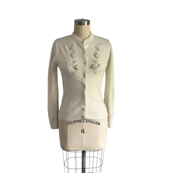 Vintage Ivory Beaded Cardigan: Soft Boho Button-Up, Leaf Vines