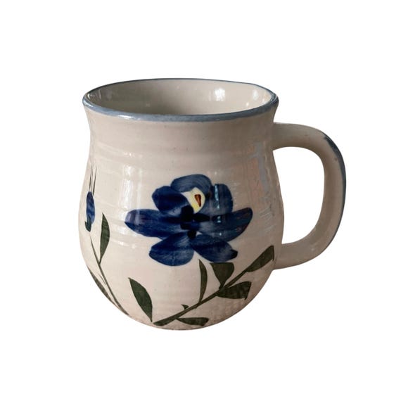 Vintage Blue Iris Floral Pottery Mug. Rustic Pottery Coffee Mug. Coffee Tea Mug. Autumn Fall Mug. Cottage Mug Cup.