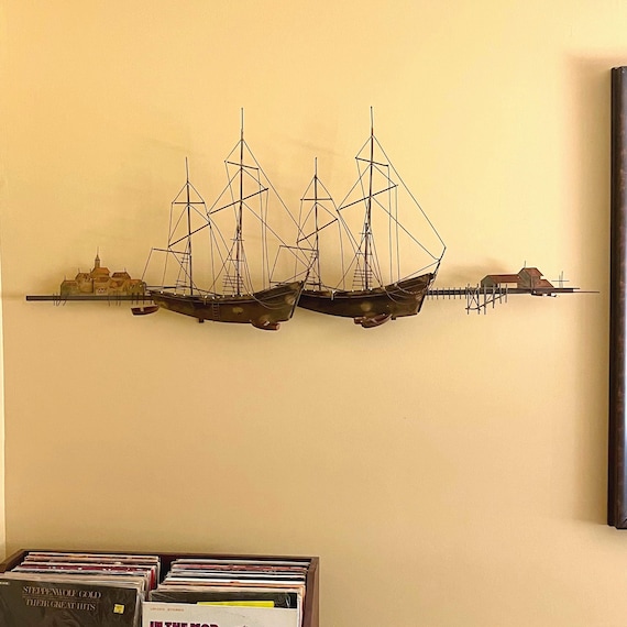 Vintage Curtis Jere Metal Ship Wall Decor. Artisan Wall Art. Ship and Harbor. Copper. Brass. Maritime Metal Ship Schooner. Metal Sculpture.