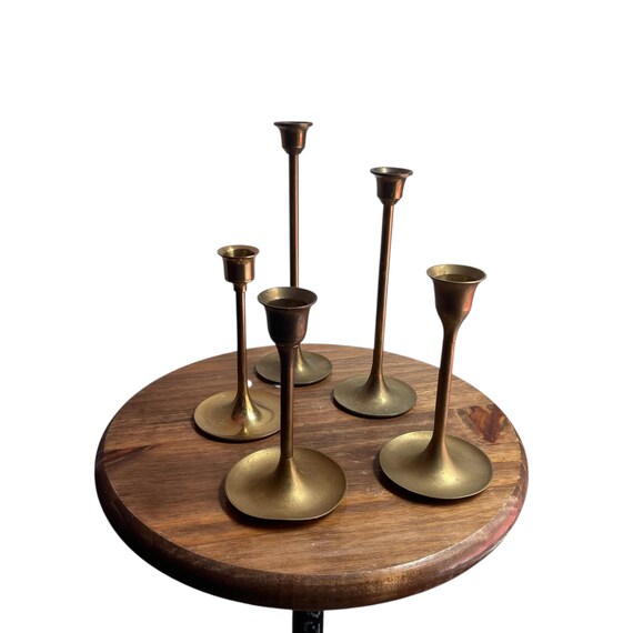 Vintage Brass Graduated Candlestick Holder Set. Set of 5. Different Heights. Antique. Formal. Mid Century. MCM. 40s. 50s. 60s. 70s.
