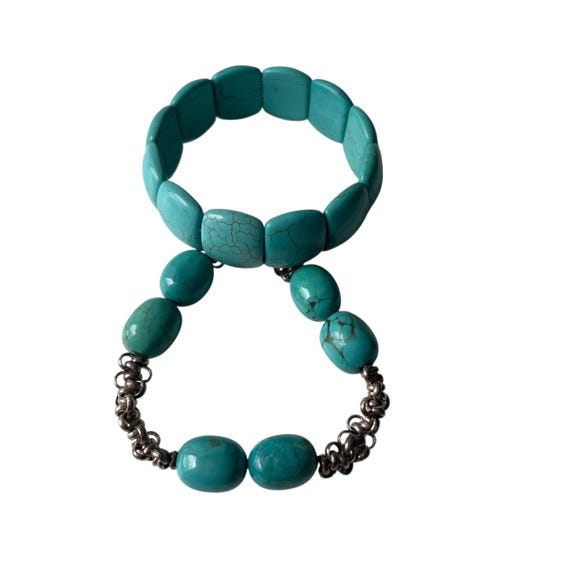 Vintage Beaded Turquoise Stone Bracelet Set. Set of 2. Teal Stretch Bracelets. Teal Stones. Southwestern. Boho. Hippie. 80s. 90s. Y2K.