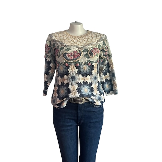 Vintage Cottagecore Floral Mohair Sweater: Multi-Textured, Pullover Flower Sweater, 80s 90s.