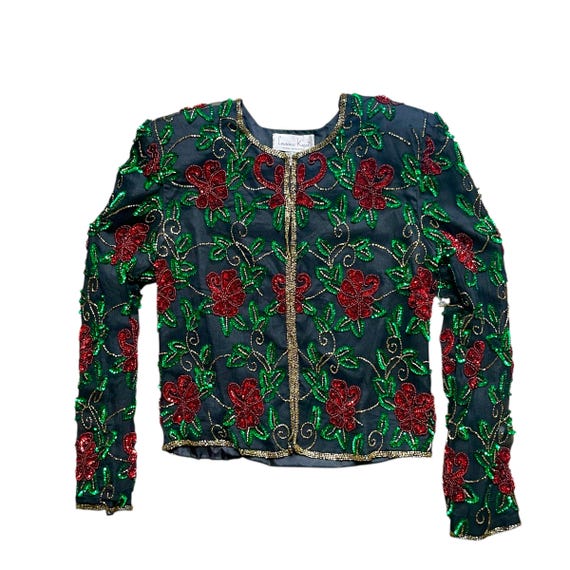 Vintage Laurence Kazar Sequin Bead Jacket: Green, Red, Gold Beaded Silk Blazer Dress Jacket.