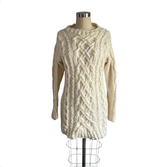 Vintage Handmade Cream Autumn Tunic Dress Sweater: Long Pullover Sweater, 70s 80s 90s.