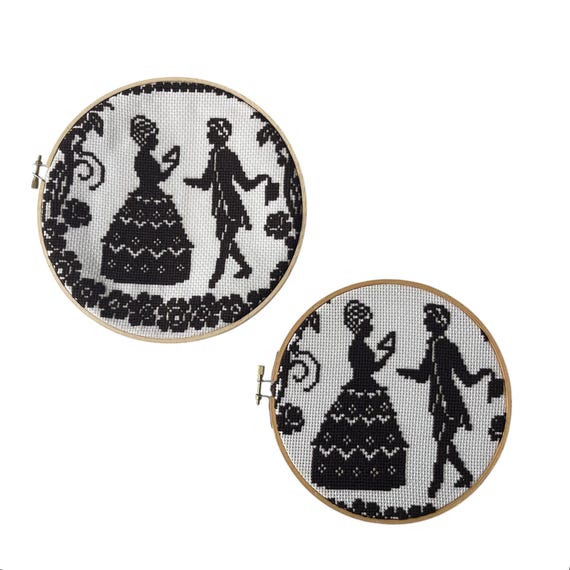 Vintage Couple Needlepoint Circle Art Set. Set of 2. Victorian Man and Woman Fiber Art. Cross Stitch. MCM. 40s. 50s. 60s.