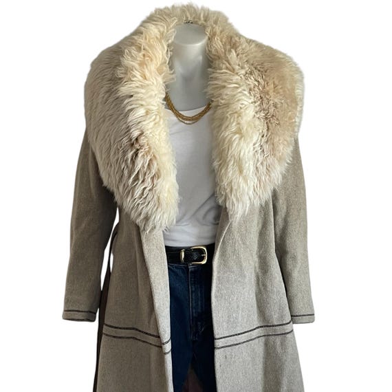 Vintage Greige Wool Trench Coat, Faux Fur Collar, Belted Glam