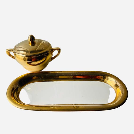 Vintage Homer Laughlin Gold and China Sugar Bowl and Tray Set. Handpainted Sugar Bowl and Tea Tray Set. Mid Century. MCM. 40s. 50s. 60s.