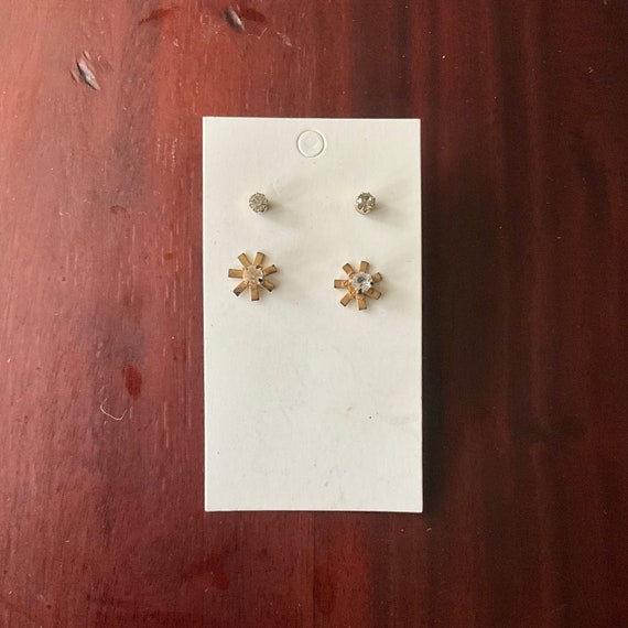 Vintage Diamond Goldtone Stud Earrings Set. Pairs of 2. Set of 2. Post Earrings. Tiny Stud Earrings. Flower Stud Earrings. MCM Style. 60s.