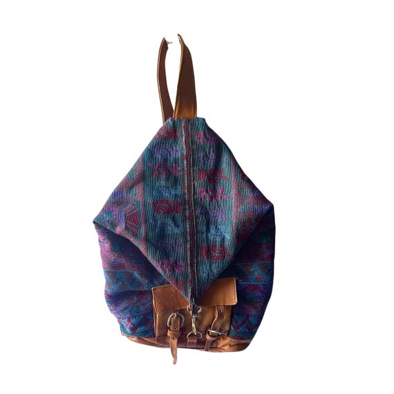 Vintage Tapestry Backpack Purse: 90s Leather & Green Cottagecore Bag