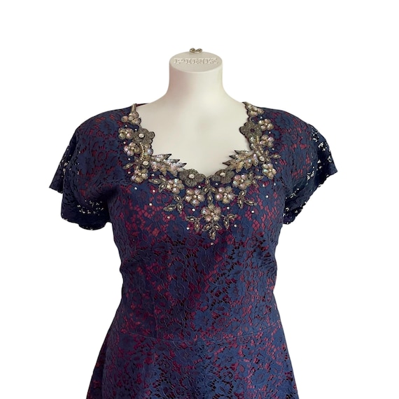 Vintage Navy Blue Lace Dress: Jewel Encrusted 50s Swing Dress
