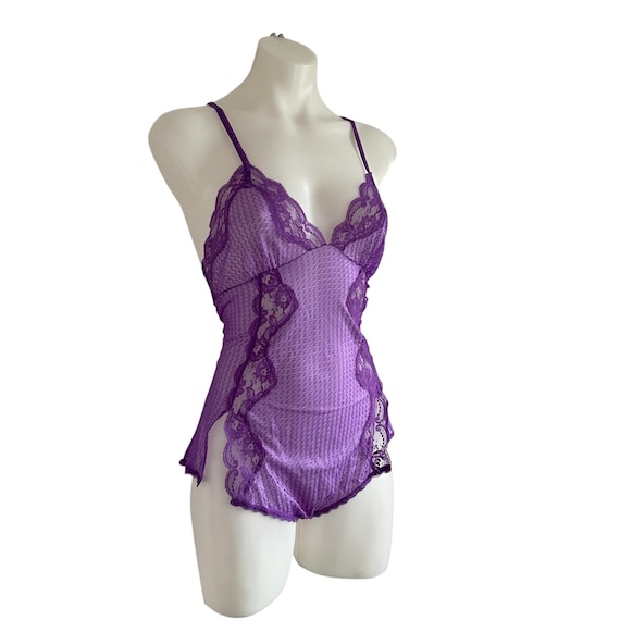Vintage Purple Lace  Flirtatious Teddie. Purple Mesh Lingerie Body Suit. Purple Intimate Lingerie. Snap Button Onesie Teddy. 80s. 90s. Y2K.
