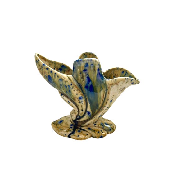 Vintage Blue and Yellow Vase. Cornucopia Glazed Floral Trinket Vase. Glossy Ceramic Pottery. Mid Century Signed Pottery Vase. 60s 70s.