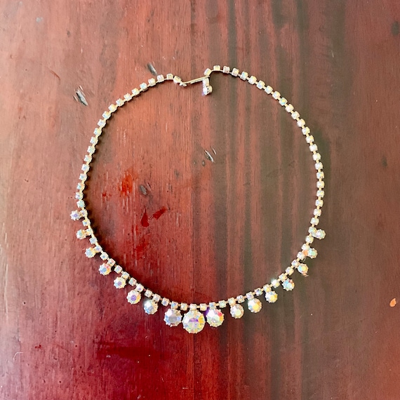Vintage Iridescent Rhinestone Necklace. Choker Necklace. Iridescent Crystal Gemstones. Victorian Glam. Art Deco. 20s 30s 60s. 70s. 80s.