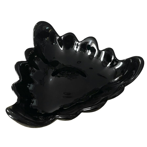Vintage Black Glass Scalloped Tray: Dark Academia Decor (10x3.5)