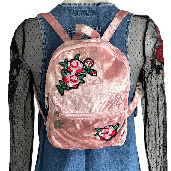 Vintage Limited Too Soft Pink Crushed Velvet Backpack. Pink Floral Mini Backpack. Rose Embroidery. Soft Pink Crushed Velvet. Y2K. 2000s.