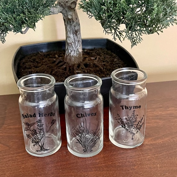 Vintage Apothecary Kitchen Spice Jars. Set of 3. Thyme. Chives. Salad Herbs. Glass Spice and Herb Holders. Cottagecore Kitchen. 60s 70s.