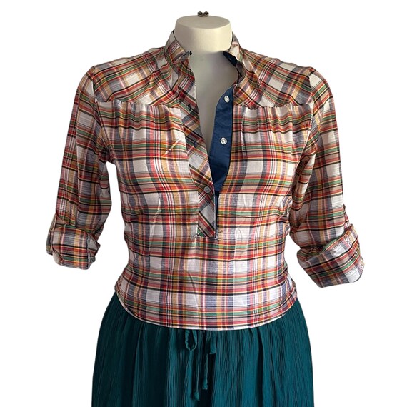 Vintage Ecco Bay Multicolor Plaid Henley Blouse. Granola Chic Farmgirl Plaid Button Shirt. Long Sleeves. Cowgirl. Farmcore. 80s. 90s. Y2K.