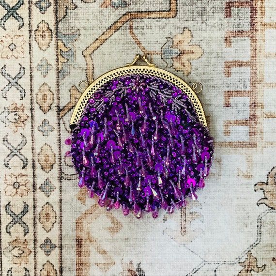 Vintage Small Purple Sequin Beaded Party Clutch Purse. Goldtone Metal. Beaded Tassel Fringes. Long Thin Golden Metal Strap. 20s. 80s. 90s.