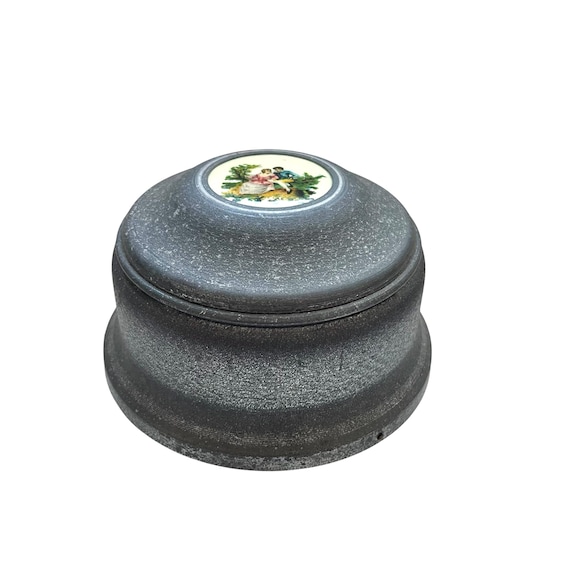 Vintage Antique Cast Powder Puff Music Box. Victorian Aluminum Cool Gray Powder Holder. MCM. Coquette Powder Holder Music Box. 60s. 1960s.
