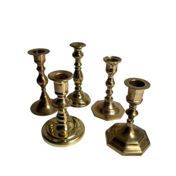 Vintage Assorted Polished Brass Candlestick Holder Set. Set of 5. Shiny Antique Heavy Brass Candle Holders. Mid Century. MCM. 40s. 50s. 60s.