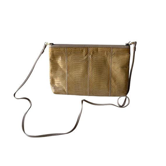 Vintage Woodward Beige Brown Snakeskin Crossbody Clutch. Shiny Tan Beige Snake Leather Purse. Detachable Strap. Party. 80s. 90s. Y2K.