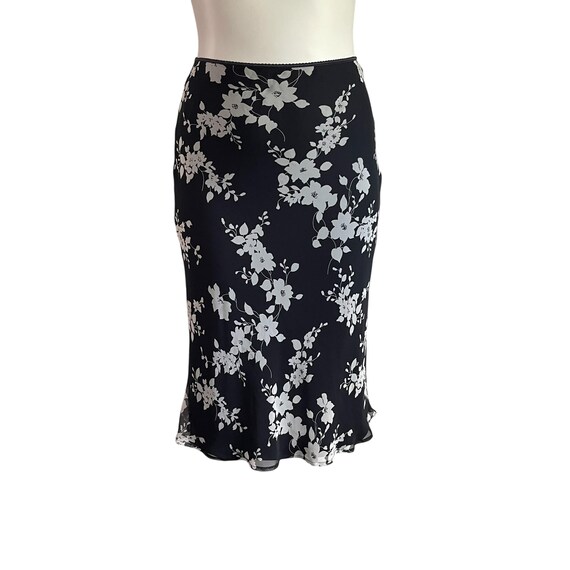 Vintage Black Floral Midi Skirt: Bias Cut Poly Blend