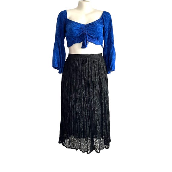 Vintage Baxter & Wells Black Ruched Pleated Midi Skirt. Stretchy Dark Layered Maxi Skirt. 100% Rayon. Gothic. Witchcore. 90s. 1990s.