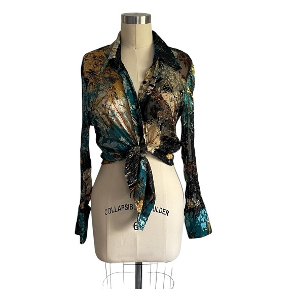 Vintage Anne Giorgio Multicolor Floral Semi-Transparent Button-Up Blouse. Colorful Abstract Floral Blouse. Boho. Hippie. 80s. 90s. Y2K.