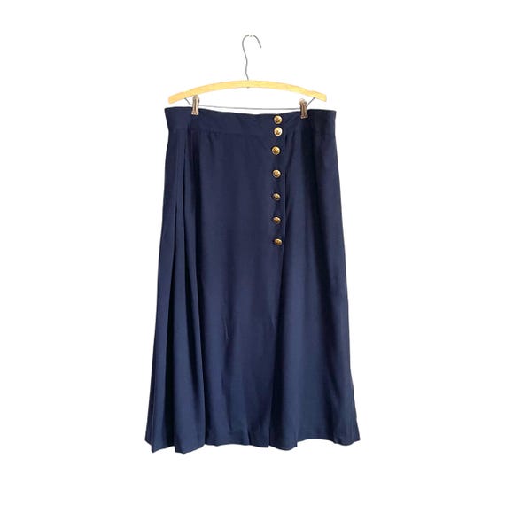 Vintage Escada Navy Blue Button-Up Wrap Midi Skirt. Margaretha Ley Casual Pleated Maxi Skirt. Wool. Maritime Nautical Mod Skirt. 80s. 90s.