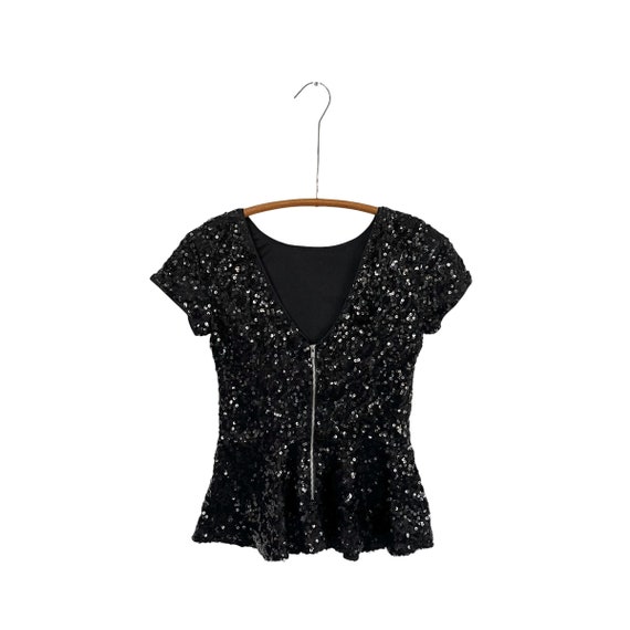 Vintage Black Peplum Sequin Blouse. Dark Sparkly Party Blouse Top. Short Sleeves. Back Zipper. Wavy Hem. Crew Neck. Night Out. 90s. Y2K.